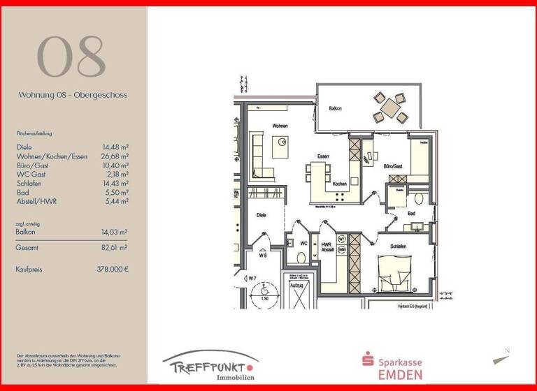 Wohnung zum Kauf provisionsfrei 378.000 € 3 Zimmer 82,6 m² 1. Geschoss Larrelt Emden 26723