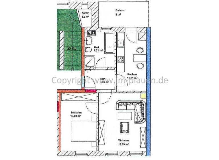 Wohnung zur Miete 315 € 2 Zimmer 56,8 m² 3. Geschoss frei ab sofort Hainstraße 10 Stadtmitte Plauen 08523