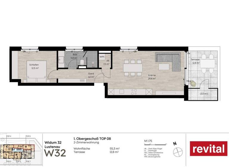 Terrassenwohnung zum Kauf - Erstbezug 399.000 € 2 Zimmer 55 m² 1. Geschoss Widum 32 Lustenau 6890