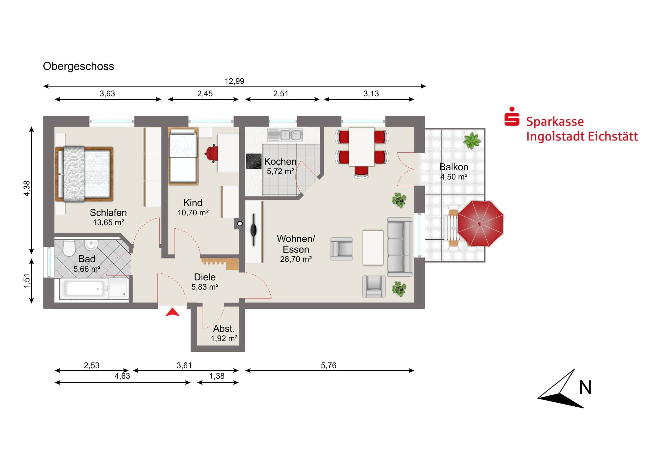 Wohnung zum Kauf 285.000 € 3 Zimmer 76,7 m²<br/>Wohnfläche 1.<br/>Geschoss Gerolfing - Süd Ingolstadt 85049