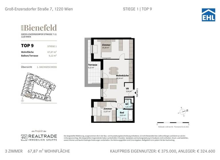 Wohnung zum Kauf 429.000 € 3 Zimmer 67,9 m² Wien 1220