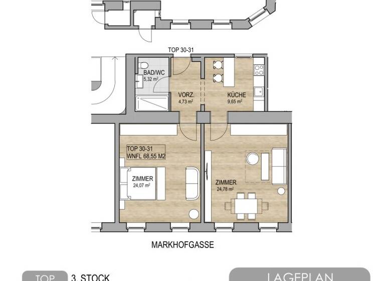 Wohnung zum Kauf 399.000 € 2 Zimmer 68,6 m² 3. Geschoss Markhofgasse Wien 1030