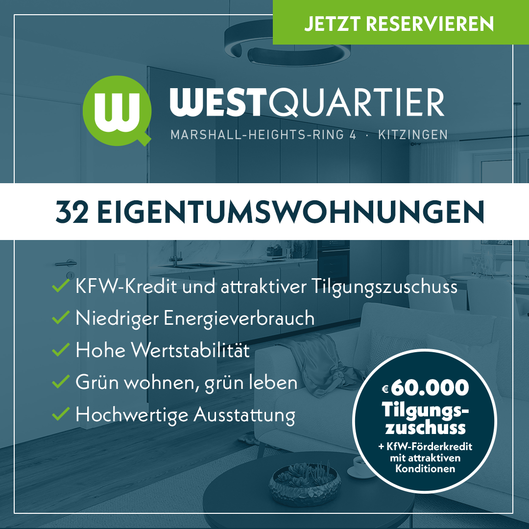 Wohnung zum Kauf provisionsfrei 277.000 € 2 Zimmer 61,4 m²<br/>Wohnfläche 2.<br/>Geschoss Marshall-Heights-Ring 4 Kitzingen Kitzingen 97318