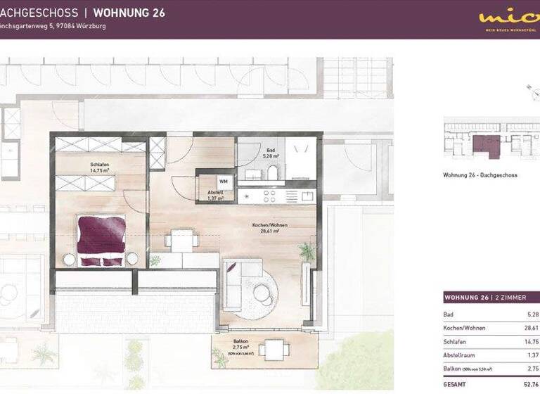 Wohnung zum Kauf - Erstbezug 349.000 € 2 Zimmer 52,8 m² Heidingsfeld Würzburg 97084