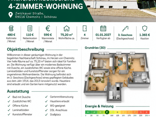 Wohnung zur Miete 480 € 4 Zimmer 75,2 m² Geschoss 3/3 frei ab 01.01.2027 Zwickauer Straße 324 Schönau Chemnitz 09116