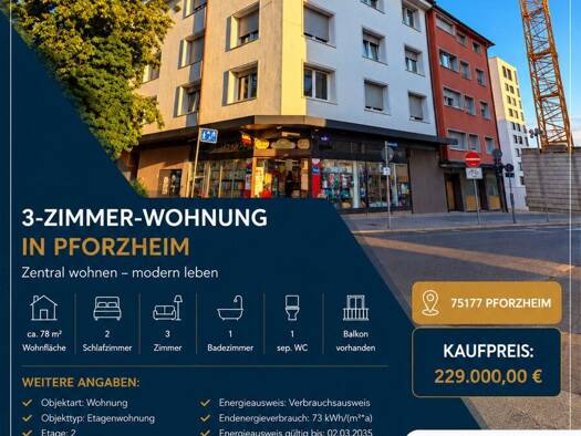 Wohnung zum Kauf 229.000 € 3 Zimmer 78 m² 2. Geschoss Kronprinzenstraße 19 Nordstadt Pforzheim 75177