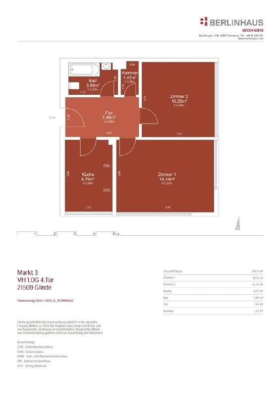 Wohnung zur Miete 758 € 2 Zimmer 54,1 m²<br/>Wohnfläche ab sofort<br/>Verfügbarkeit Markt 3 Glinde 21509