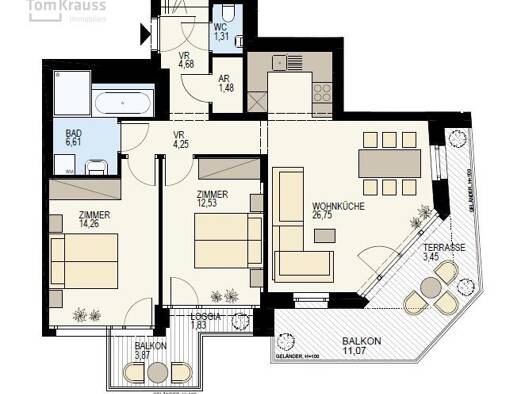 Terrassenwohnung zum Kauf - Neubau 829.000 € 3 Zimmer 73,7 m² 4. Geschoss frei ab 01.03.2027 Landstraße 1030