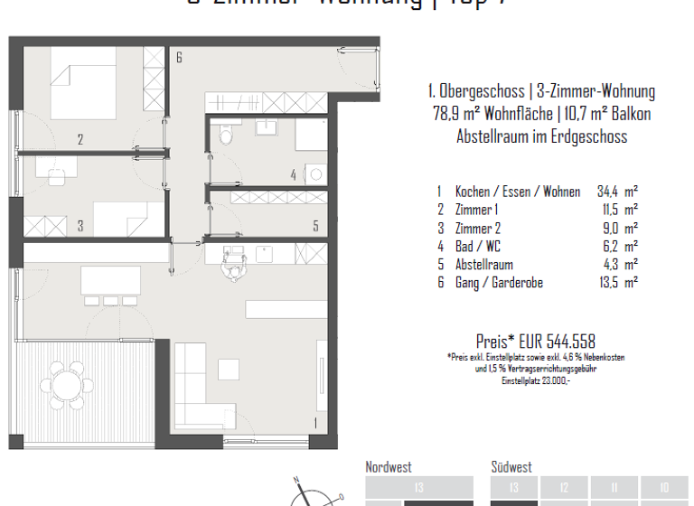 Terrassenwohnung zum Kauf - Erstbezug provisionsfrei 544.558 € 3 Zimmer 78,9 m² 1. Geschoss Gutenbergstraße 20a Hohenems 6845