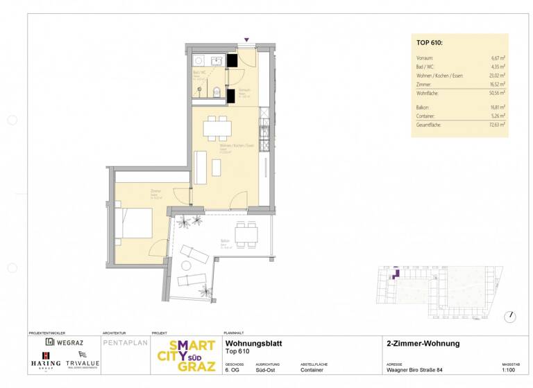 Wohnung zur Miete - Erstbezug 603 € 2 Zimmer 50,6 m² 6. Geschoss Waagner-Biro-Straße 84 Lend Graz 8020