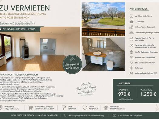 Wohnung zur Miete 970 € 3,5 Zimmer 89 m² Geschoss 1/1 frei ab 01.10.2026 Lieblos Gründau 63584