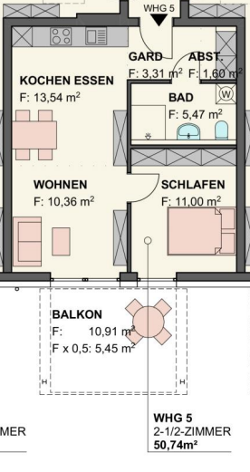 Studio zur Miete 550 € 2,5 Zimmer 50,7 m²<br/>Wohnfläche 1.<br/>Geschoss ab sofort<br/>Verfügbarkeit Am Alten Sportplatz 3 Wurmlingen 78573