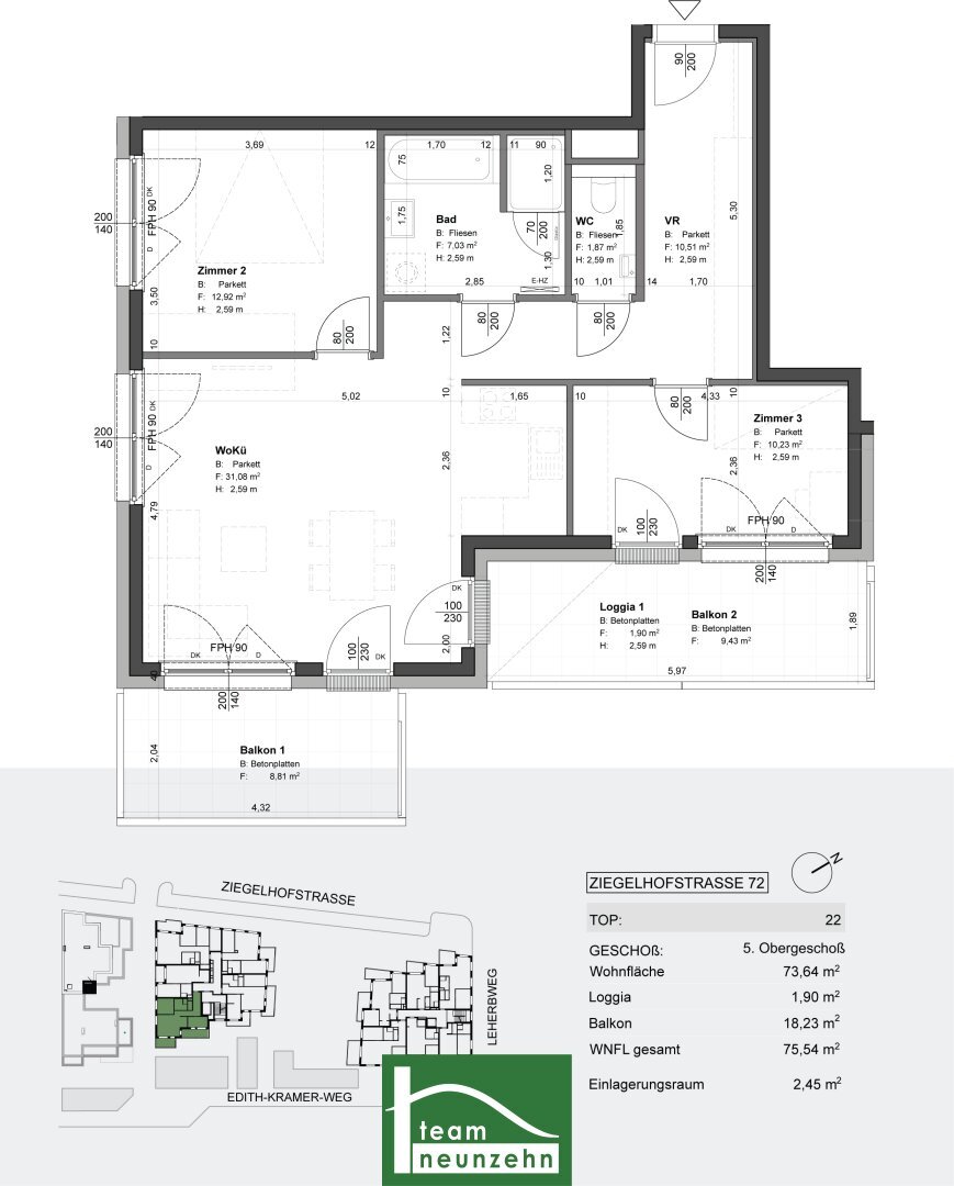 Wohnung zur Miete 934 € 3 Zimmer 73,9 m²<br/>Wohnfläche 5.<br/>Geschoss Ziegelhofstraße 72 Wien 1220