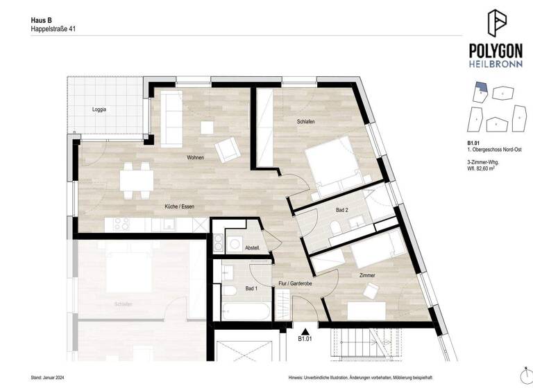 Wohnung zur Miete - Erstbezug 1.220 € 3 Zimmer 82,6 m² 1. Geschoss Happelstraße 41 Heilbronn 74074