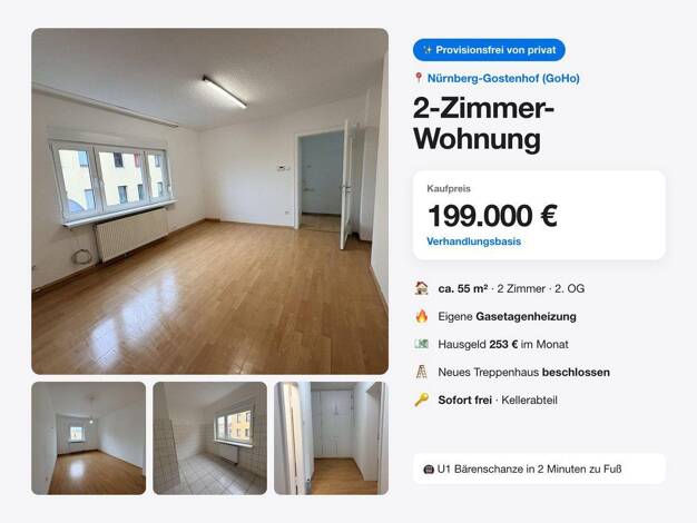 Wohnung zum Kauf provisionsfrei 199.000 € 2 Zimmer 55 m² 2. Geschoss Zickstraße 2 Gostenhof Nürnberg 90429