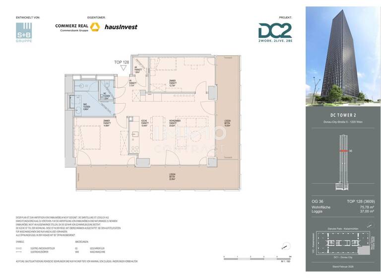 Wohnung zur Miete - Erstbezug 2.500 € 3 Zimmer 75,8 m² 36. Geschoss frei ab 01.11.2026 Wien 1220