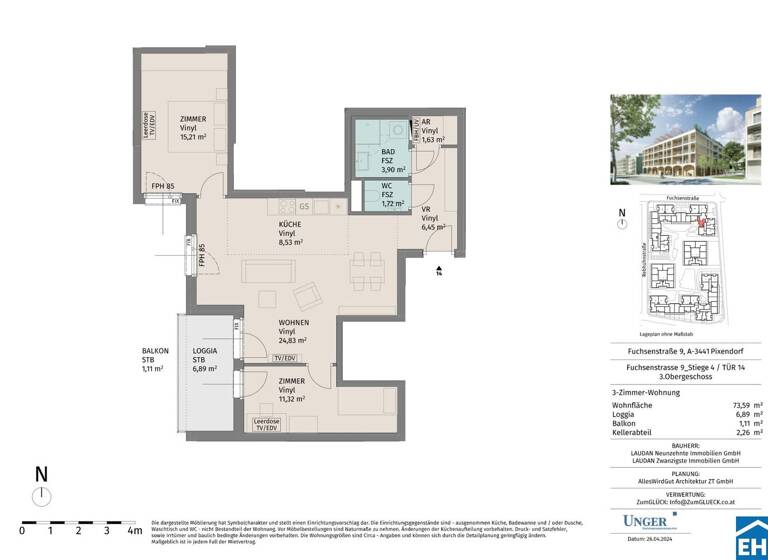 Wohnung zur Miete - Erstbezug 791 € 3 Zimmer 73,6 m² 3. Geschoss Fuchsenstraße Pixendorf 3451