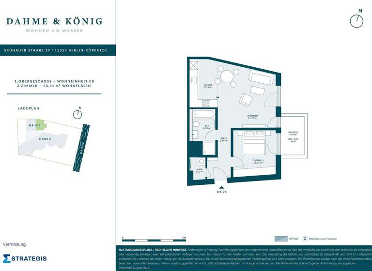Wohnung zur Miete 1.099 € 2 Zimmer 58,9 m² 1. Geschoss Grünauer Straße 29 Köpenick Berlin 12557
