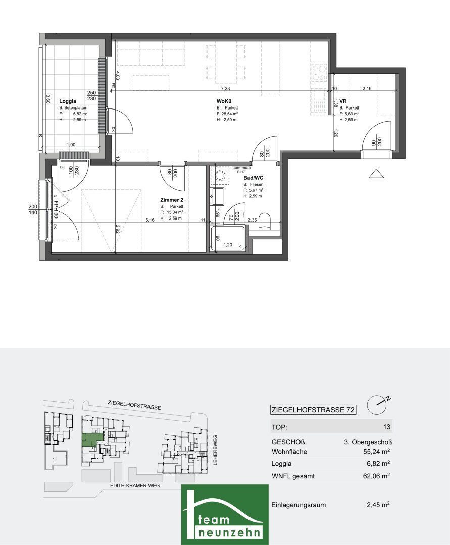 Wohnung zum Kauf provisionsfrei 309.307 € 2 Zimmer 55,5 m²<br/>Wohnfläche 3.<br/>Geschoss Ziegelhofstraße 72 Wien 1220