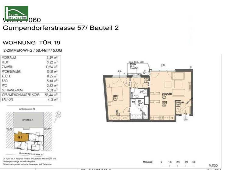 Wohnung zur Miete 1.298 € 2 Zimmer 58,4 m² 5. Geschoss Gumpendorfer Straße 57 Wien 1060