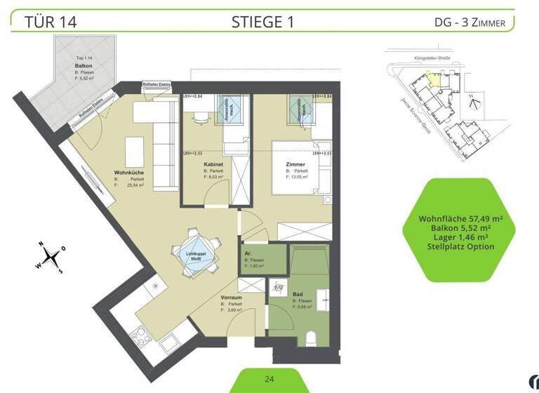 Wohnung zum Kauf - Erstbezug 286.500 € 3 Zimmer 57,5 m² 2. Geschoss Königstetter Straße 66 - 68 Tulln an der Donau 3430