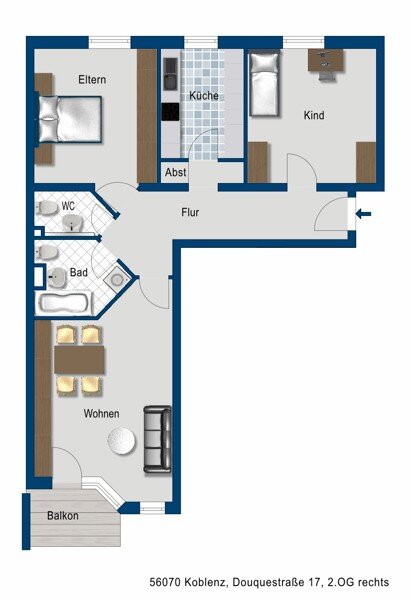 Wohnung zur Miete 716 € 3 Zimmer 81,4 m²<br/>Wohnfläche 2.<br/>Geschoss 01.03.2025<br/>Verfügbarkeit Douquestr. 17 Lützel 7 Koblenz 56070