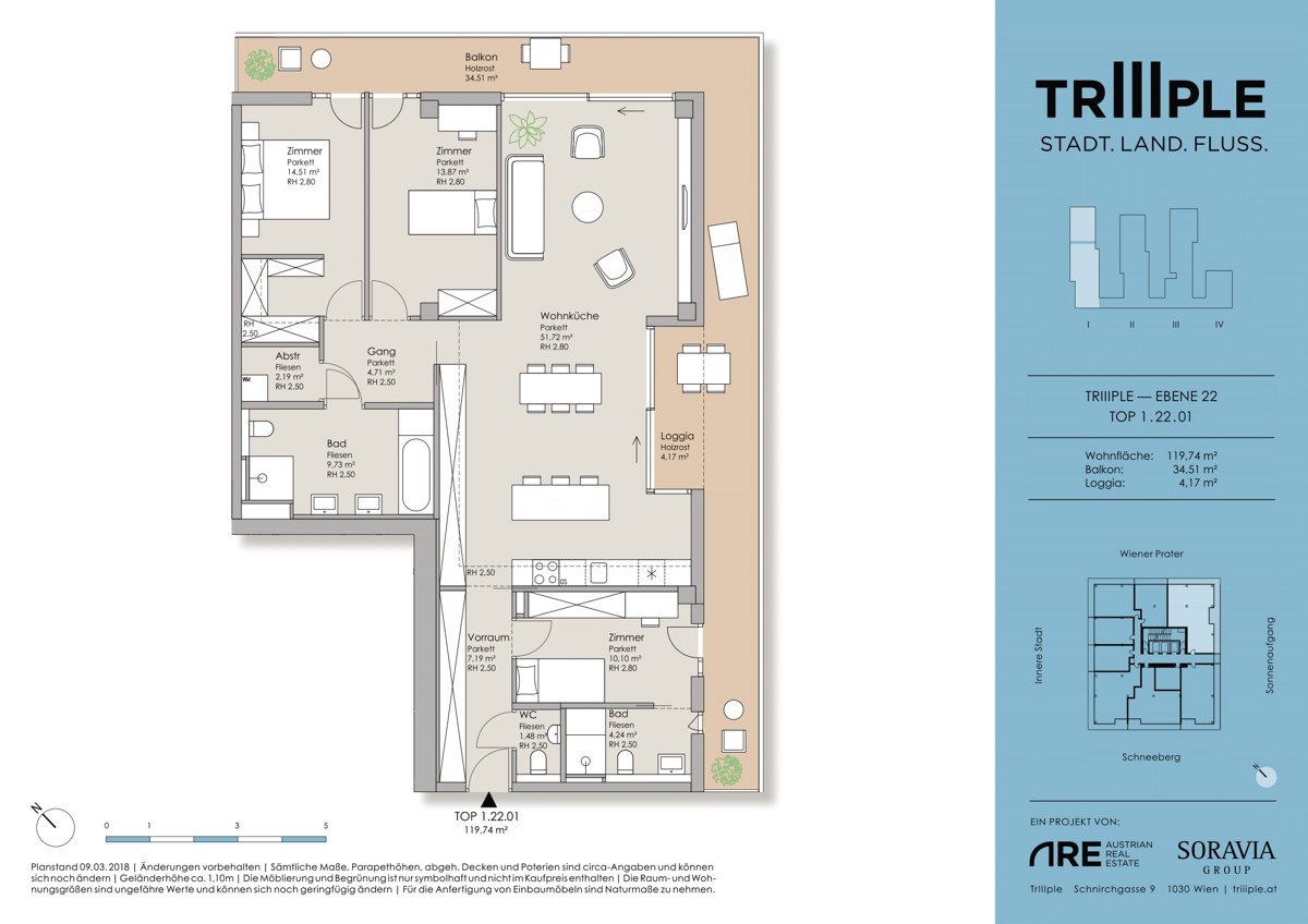 Wohnung zum Kauf 1.199.280 € 4 Zimmer 119,7 m²<br/>Wohnfläche 22.<br/>Geschoss Schnirchgasse 9 Wien 1030