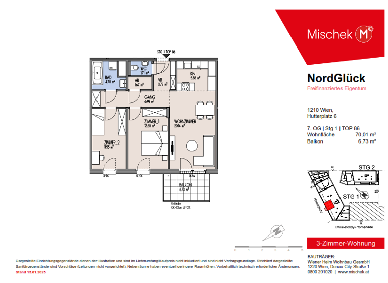 Wohnung zum Kauf provisionsfrei 445.000 € 3 Zimmer 70 m² 7. Geschoss Wien 1210