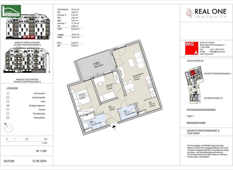 Wohnung zum Kauf - Erstbezug provisionsfrei 395.000 € 3 Zimmer 63,4 m² EG Schrottensteingasse 6 Wien 1220