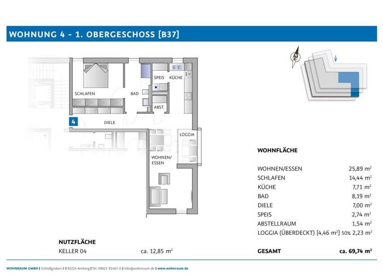 Studio zum Kauf - Erstbezug provisionsfrei 368.238 € 1 Zimmer 69,7 m² 1. Geschoss Bäumlstraße 37 Amberg 92224