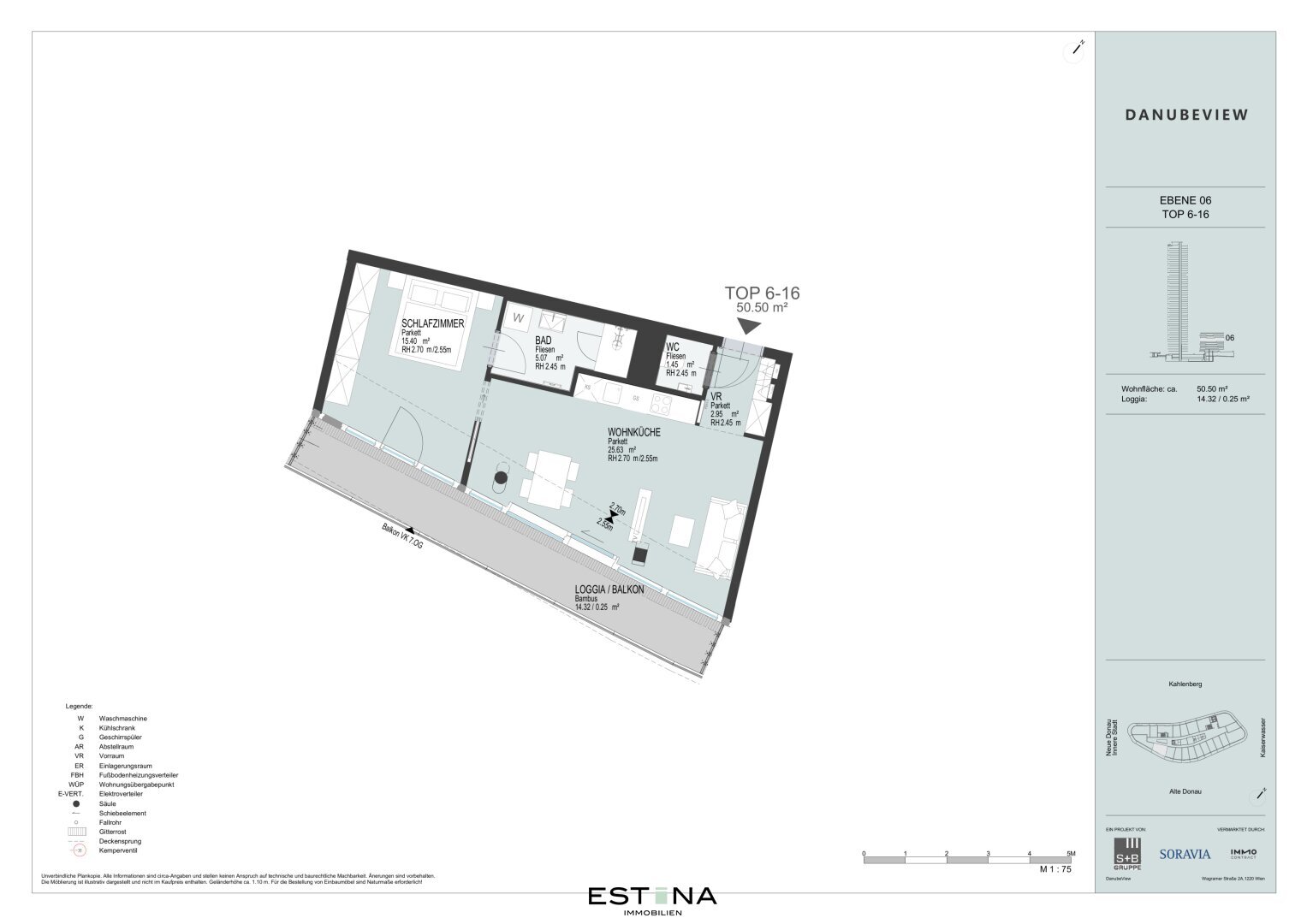 Wohnung zur Miete 1.357 € 2 Zimmer 50,5 m²<br/>Wohnfläche 6.<br/>Geschoss Wagramer Straße Wien 1220