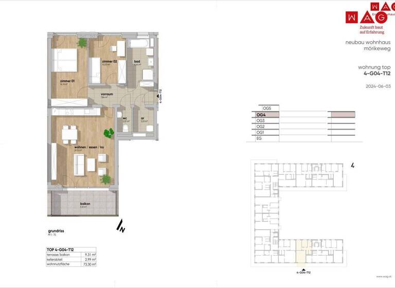 Wohnung zum Kauf - Erstbezug 448.030 € 3 Zimmer 73,3 m² frei ab sofort Mörikeweg Waldegg Linz 4020