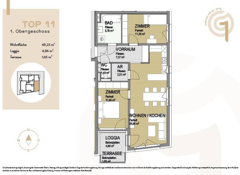 Wohnung zum Kauf - Erstbezug 309.000 € 3 Zimmer 69,2 m² 1. Geschoss Gartenstraße 1 Perg 4320