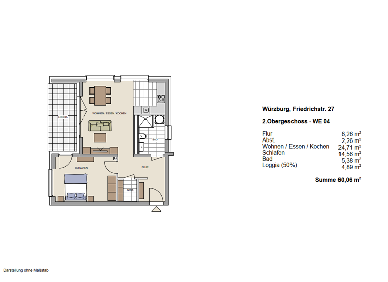 Wohnung zur Miete 1.150 € 2 Zimmer 60,1 m² 2. Geschoss frei ab sofort Friedrichstraße 27 Zellerau Würzburg 97082