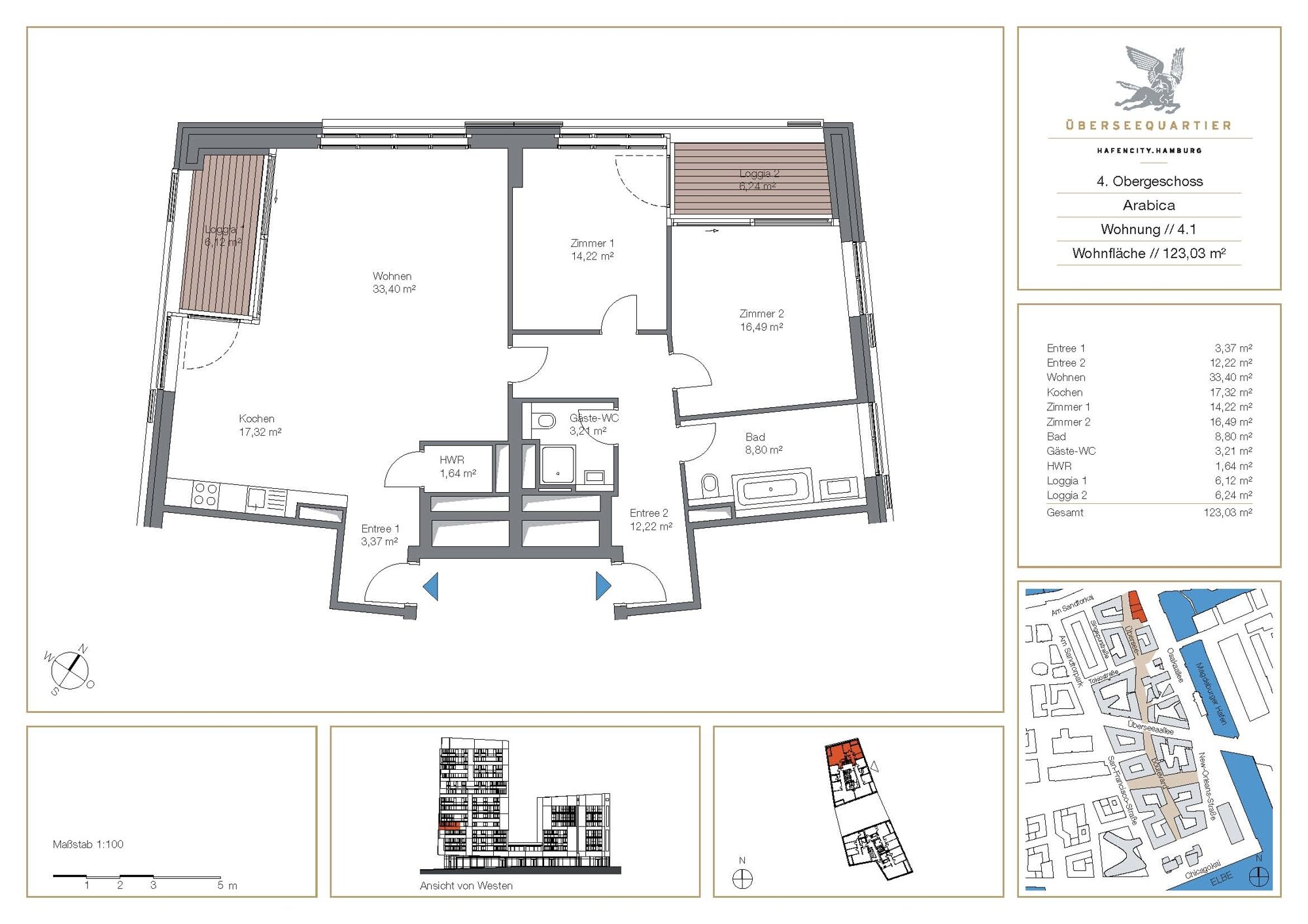 Wohnung zur Miete 2.445 € 3 Zimmer 123 m²<br/>Wohnfläche 4.<br/>Geschoss HafenCity Hamburg, HafenCity 20457