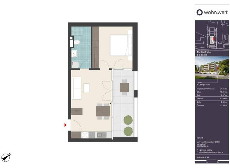 Terrassenwohnung zum Kauf - Erstbezug 310.000 € 2 Zimmer 41,1 m² 2. Geschoss frei ab 01.07.2026 Mutterstraße 11 Feldkirch 6800