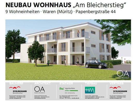 Wohnung zum Kauf - Erstbezug provisionsfrei 349.800 € 3 Zimmer 80,4 m² 1. Geschoss Papenbergstraße 44/44a Waren Waren (Müritz) 17192