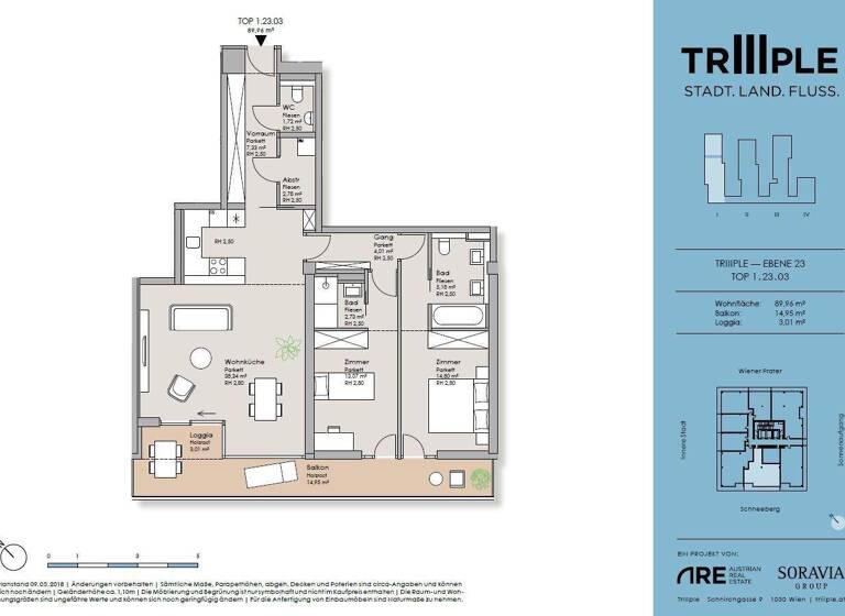 Wohnung zur Miete 2.496 € 3 Zimmer 90 m² 23. Geschoss frei ab sofort Wien 1030