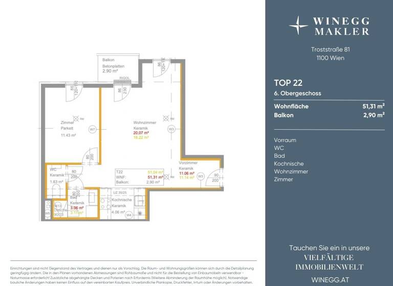 Wohnung zur Miete - Erstbezug 975 € 2 Zimmer 51,3 m² 6. Geschoss Troststraße 81 Wien 1100