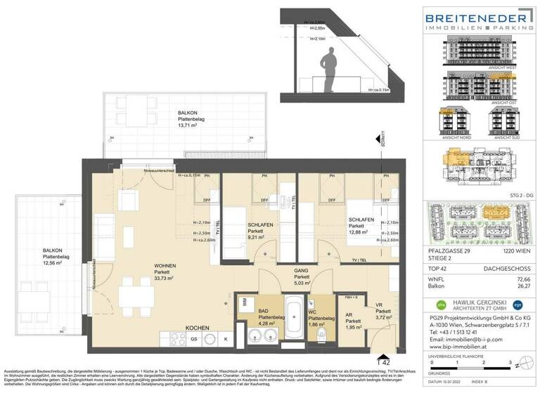 Wohnung zur Miete - Erstbezug 1.217 € 3 Zimmer 72,7 m² 4. Geschoss frei ab sofort Pfalzgasse 29 Wien 1220