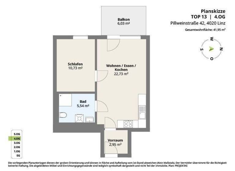 Wohnung zur Miete 603 € 2 Zimmer 42 m² 4. Geschoss frei ab 01.04.2026 Pillweinstraße 42 Waldegg Linz 4020