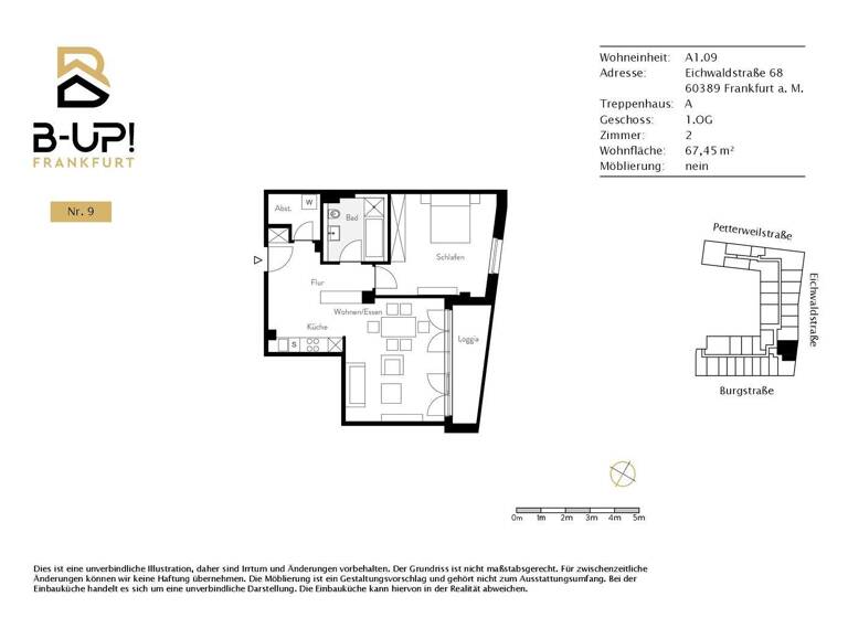 Wohnung zur Miete 1.430 € 2 Zimmer 66,9 m² 1. Geschoss Eichwaldstraße 68 Nordend-Ost Frankfurt am Main 60385