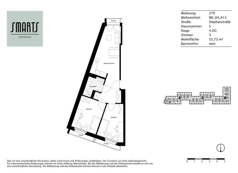 Wohnung zur Miete 865 € 3 Zimmer 53,7 m² 4. Geschoss Stephanstraße 5 St Peter Nürnberg 90478