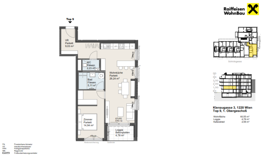 Wohnung zum Kauf provisionsfrei 393.200 € 2 Zimmer 60,6 m²<br/>Wohnfläche 1.<br/>Geschoss Wien 1220