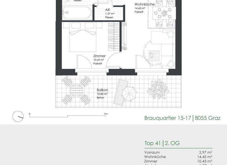 Wohnung zur Miete 434 € 2 Zimmer 34,6 m² 2. Geschoss Brauquartier 15-17 Puntigam Graz 8055