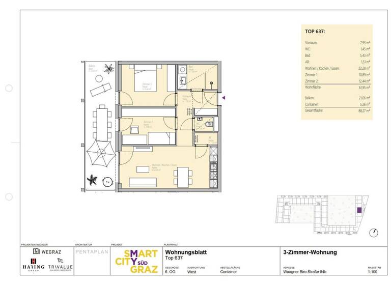 Wohnung zur Miete 769 € 3 Zimmer 62 m² 6. Geschoss Waagner-Biro-Straße 84 Lend Graz 8020