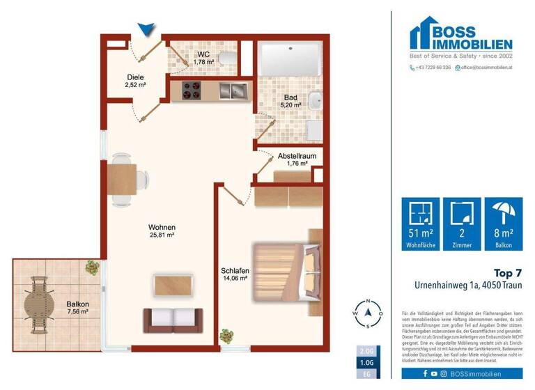 Wohnung zur Miete 545 € 2 Zimmer 51,2 m² 1. Geschoss Urnenhainweg 1a Traun 4050