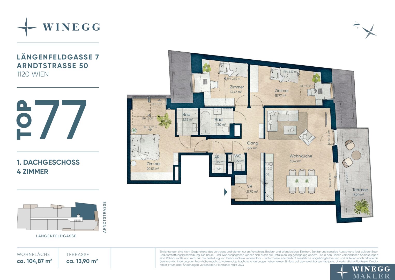 Wohnung zum Kauf provisionsfrei 825.500 € 4 Zimmer 104,9 m²<br/>Wohnfläche 6.<br/>Geschoss Arndtstraße 50 Wien 1120