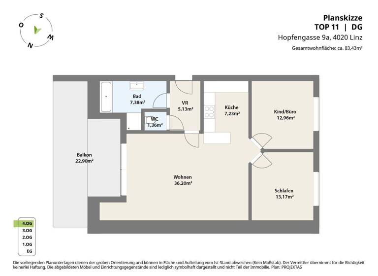 Wohnung zur Miete 1.165 € 3 Zimmer 83,4 m² 4. Geschoss frei ab 01.06.2026 Hopfengasse 9a Linz 4020