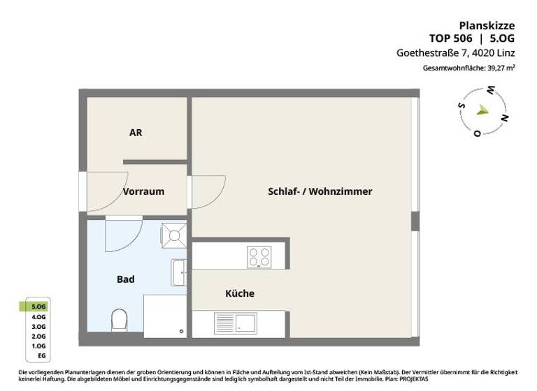 Studio zur Miete 435 € 1 Zimmer 39,3 m² 5. Geschoss Goethestraße 7 Linz 4020